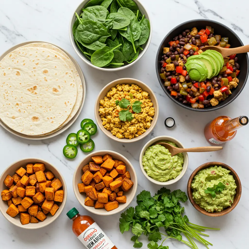Flat lay of ingredients for vegan burritos on a white marble surface, including tortillas, spinach, tofu scramble, black bean and vegetable mix, roasted sweet potatoes, guacamole, sliced jalapeños, cilantro, and hot sauce.