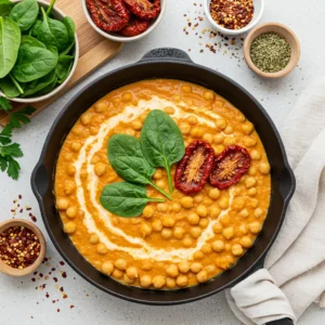 Creamy 'Marry Me Chickpeas' in a cast iron skillet topped with spinach leaves and sun-dried tomatoes