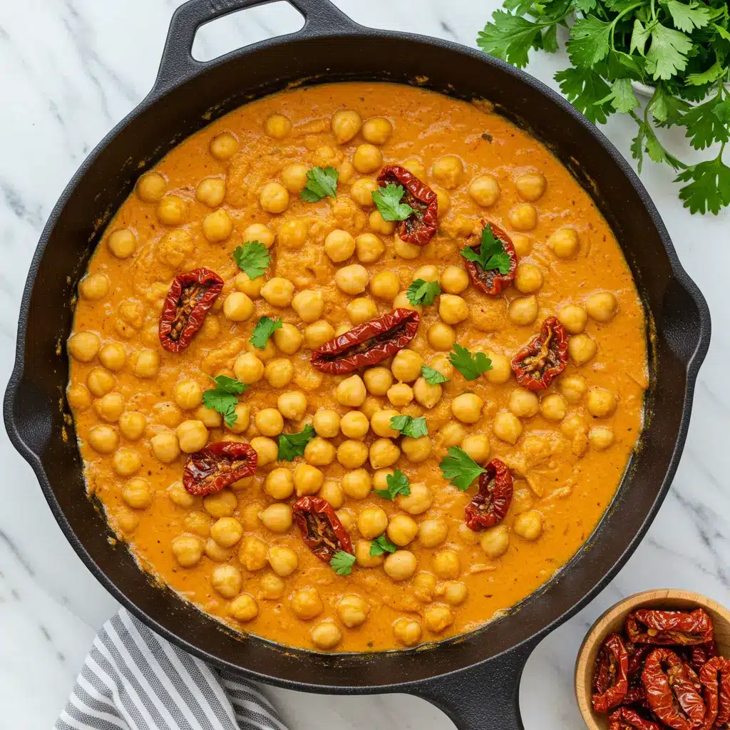 Completed Marry Me Chickpeas recipe with creamy chickpeas, sun-dried tomatoes, and fresh cilantro in a skillet.