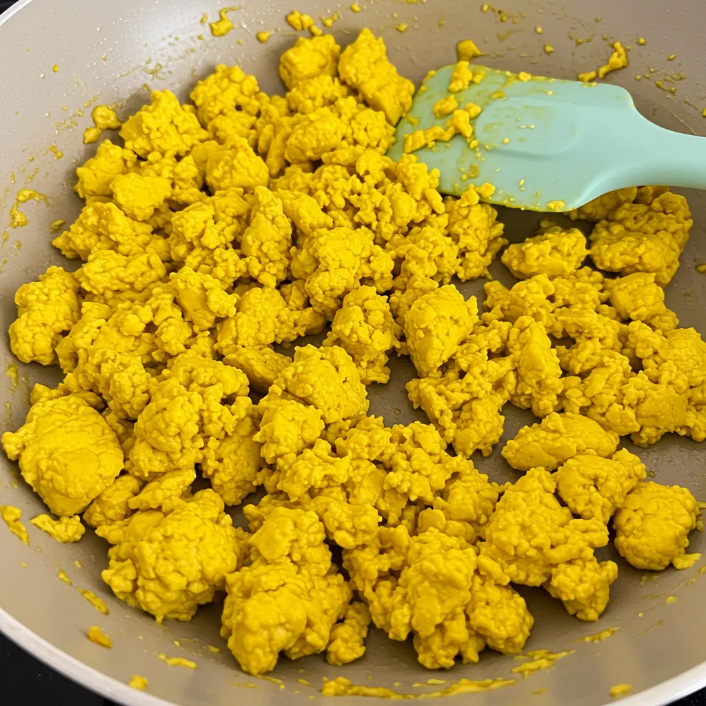 Bright yellow scrambled tofu in a light-colored pan with a teal spatula.