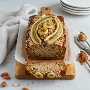 A loaf of banana bread topped with banana slices and sesame seeds, placed on a wooden cutting board with a slice cut off in the foreground.