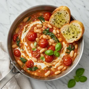 Creamy Tomato White Bean Stew with Tomatoes, Spinach, and Garlic Bread