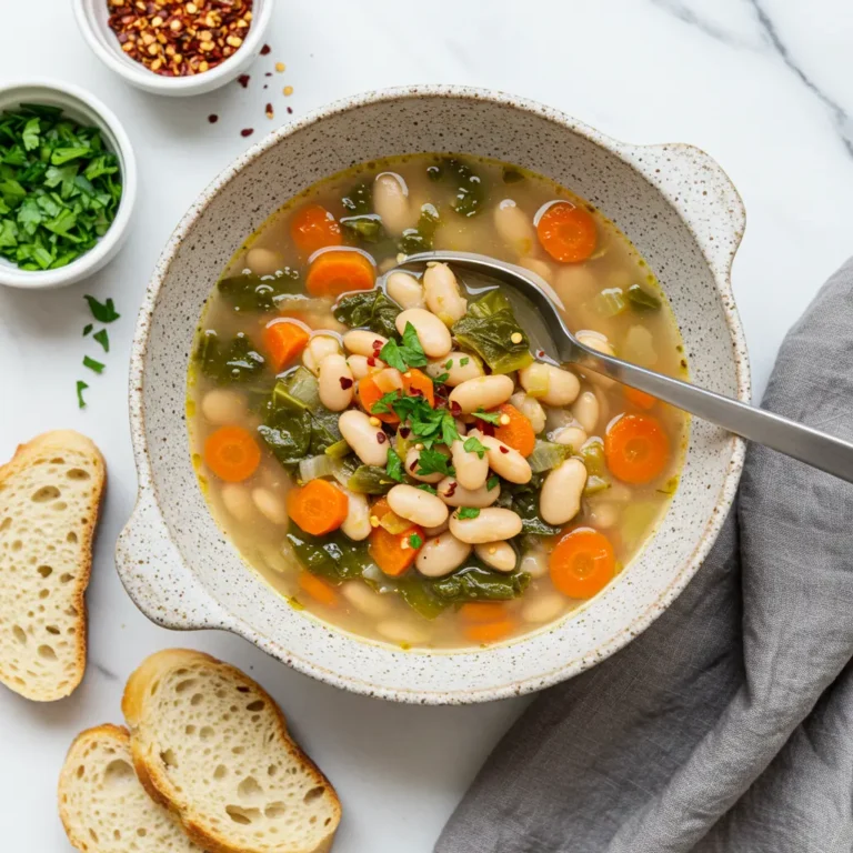 A bowl of Tuscan white bean soup, garnished with fresh parsley and red pepper flakes, accompanied by a slice of crusty bread.