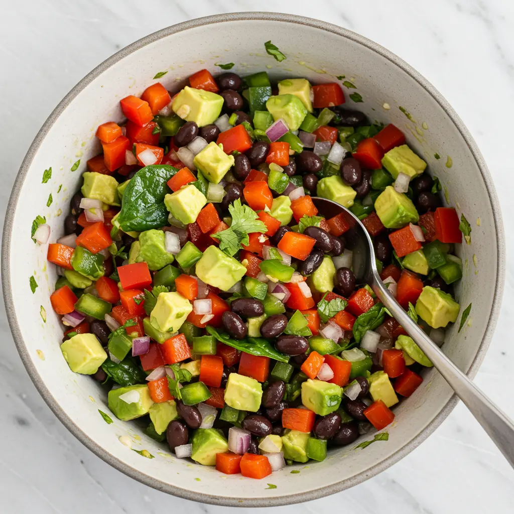 Colorful avocado and black bean salad in a white bowl with a spoon, on a marble surface.