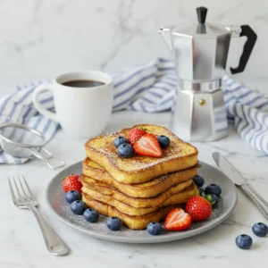 A stack of Vegan French Toast topped with strawberries and blueberries, served with a cup of coffee and a moka pot.