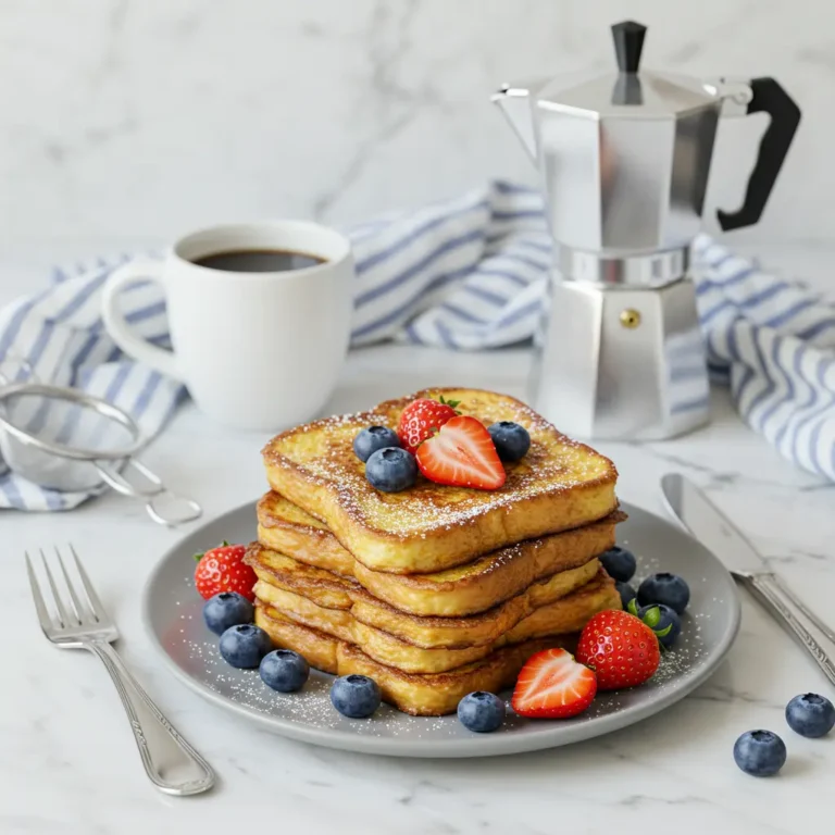 A stack of Vegan French Toast topped with strawberries and blueberries, served with a cup of coffee and a moka pot.