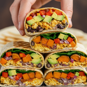 Stack of six vegan breakfast burritos cut in half, showing scrambled tofu, black beans, sweet potatoes, red bell pepper, red onion, avocado, and spinach in a tortilla.