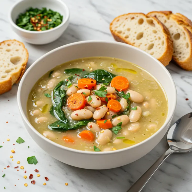 A bowl of Tuscan white bean soup, garnished with fresh parsley and red pepper flakes, accompanied by a slice of crusty bread. tuscan white bean soup