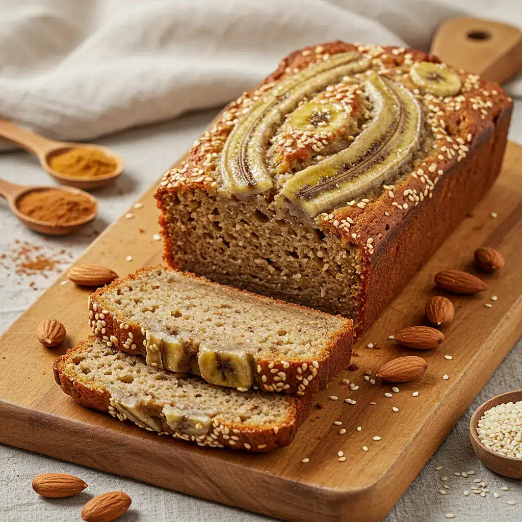 Vegan banana bread loaf with caramelized banana slices, sesame seeds, and almonds, sliced to show its moist interior. Vegan cake recipe.