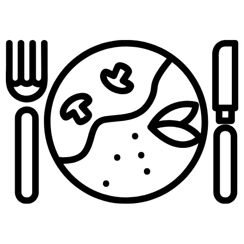Black and white breakfast icon showing a plate with mushrooms, a leaf, and cutlery