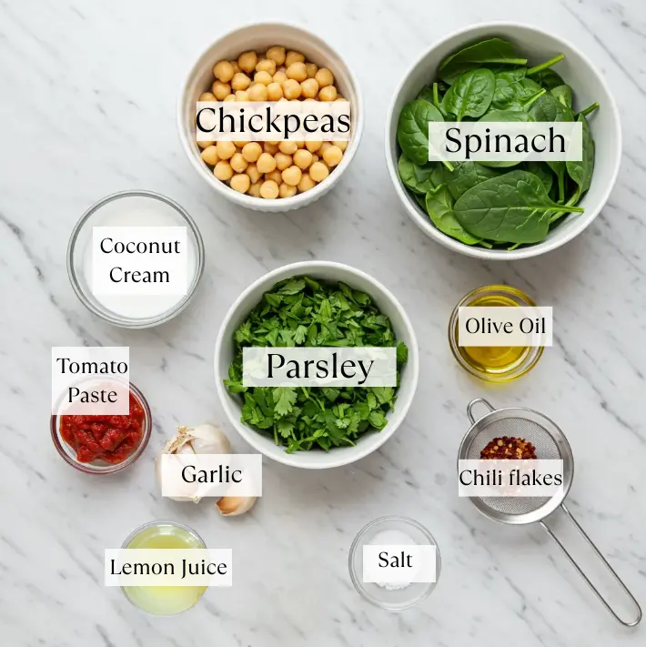 Ingredients for the Marry Me Chickpeas recipe: chickpeas, spinach, garlic, parsley, tomato paste, olive oil, coconut milk, red pepper flakes, and salt.