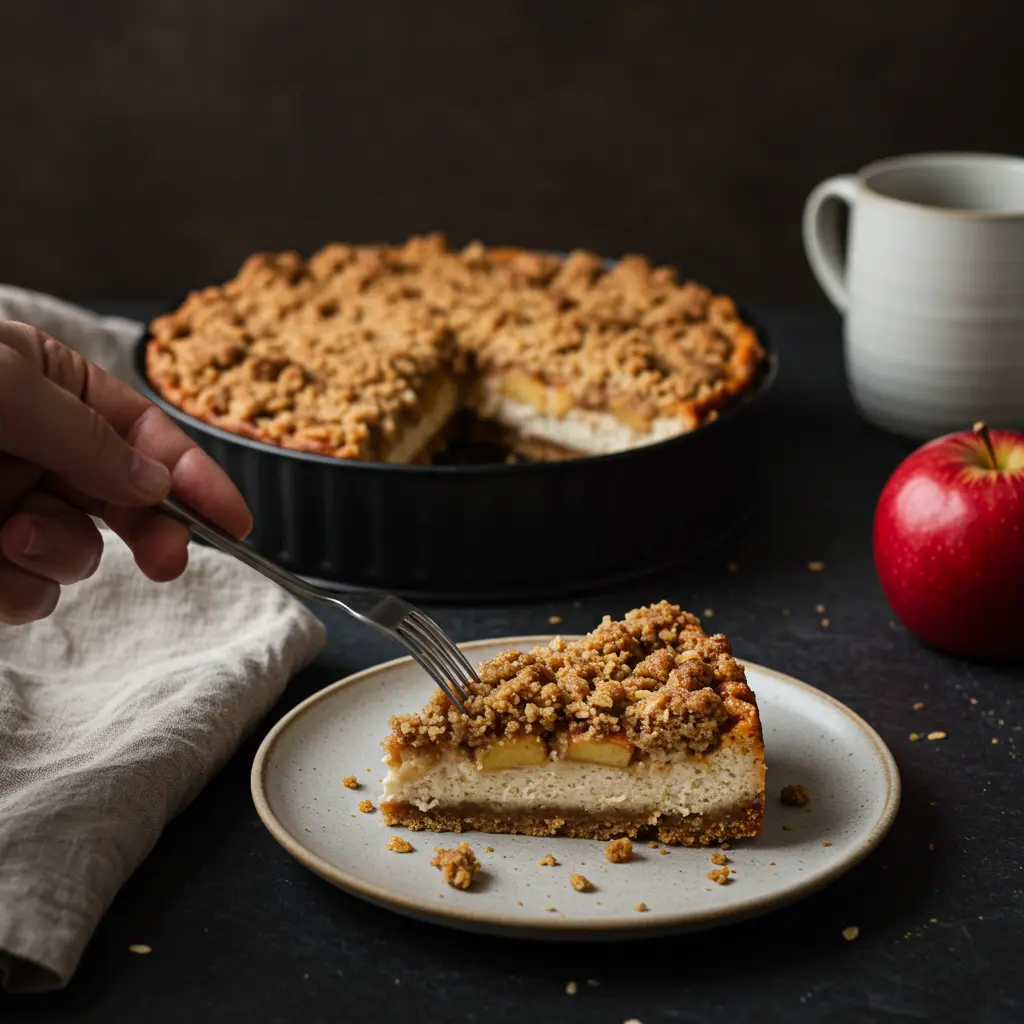 Vegan apple crumble cheesecake slice on a plate with crumb topping, fresh apple chunks, and creamy dairy-free filling.