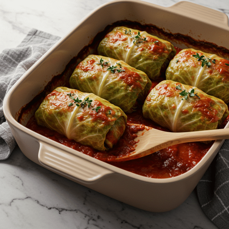 Vegan cabbage rolls baked in tomato sauce and garnished with fresh herbs in a cream-colored baking dish on a marble surface.