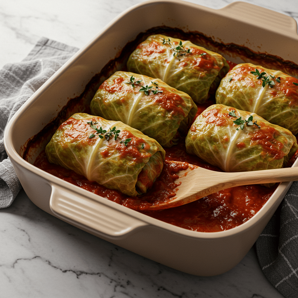 Vegan cabbage rolls baked in tomato sauce and garnished with fresh herbs in a cream-colored baking dish on a marble surface.