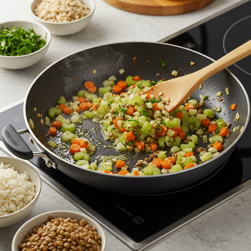 Sautéed vegetables and lentils in a skillet, the filling mixture for vegan cabbage rolls